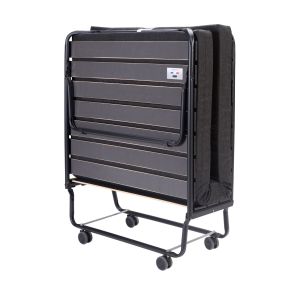 Structure compacte du lit d’appoint pliant sur roulettes facilitant le déplacement et le stockage.
