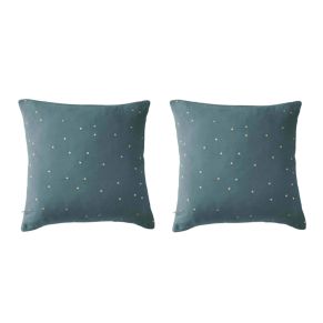 Lot de 2 taies d'oreillers à pois brodés double gaze de coton bleu canard 60x60