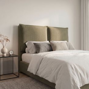 Tête de lit kaki design minimaliste dans une chambre moderne avec éclairage naturel et déco épurée