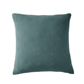 Taie d'oreiller brodée double gaze de coton bleu canard 60x60 cm - Hôtellerie