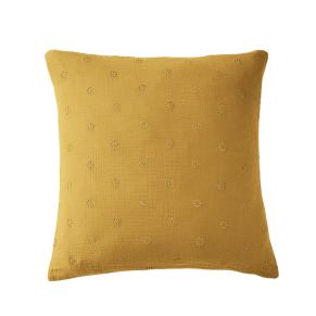Taie d'oreiller brodée double gaze de coton jaune safran 60x60 cm - Hôtellerie