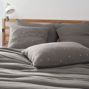 Taie d'oreiller à pois brodés double gaze de coton gris anthracite 60x60 cm - Hôtellerie