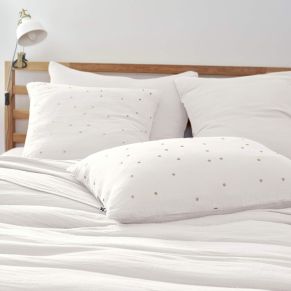 Taie d'oreiller à pois brodés double gaze de coton blanc 60x60 cm - Hôtellerie