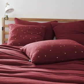 Taie d'oreiller à pois brodés double gaze de coton bordeaux 60x60 cm - Hôtellerie