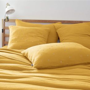 Taie d'oreiller à pois brodés double gaze de coton jaune safran 60x60 cm - Hôtellerie