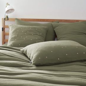 Taie d'oreiller à pois brodés double gaze de coton kaki 60x60 cm - Hôtellerie