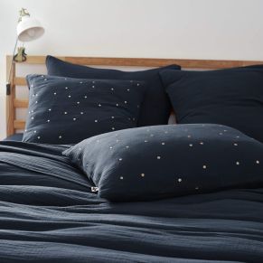 Taie d'oreiller à pois brodés double gaze de coton marine 60x60 cm - Hôtellerie