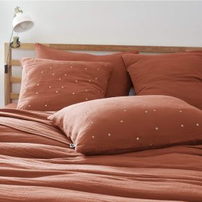 Taie d'oreiller à pois brodés double gaze de coton orange terracotta 60x60 cm - Hôtellerie