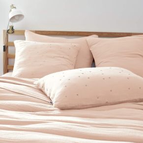 Taie d'oreiller à pois brodés double gaze de coton rose 60x60 cm - Hôtellerie