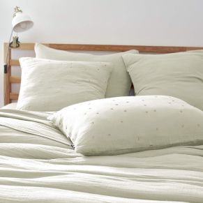 Taie d'oreiller à pois brodés double gaze de coton vert d'eau 60x60 cm - Hôtellerie