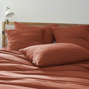 Taie d'oreiller à carreaux double gaze de coton orange