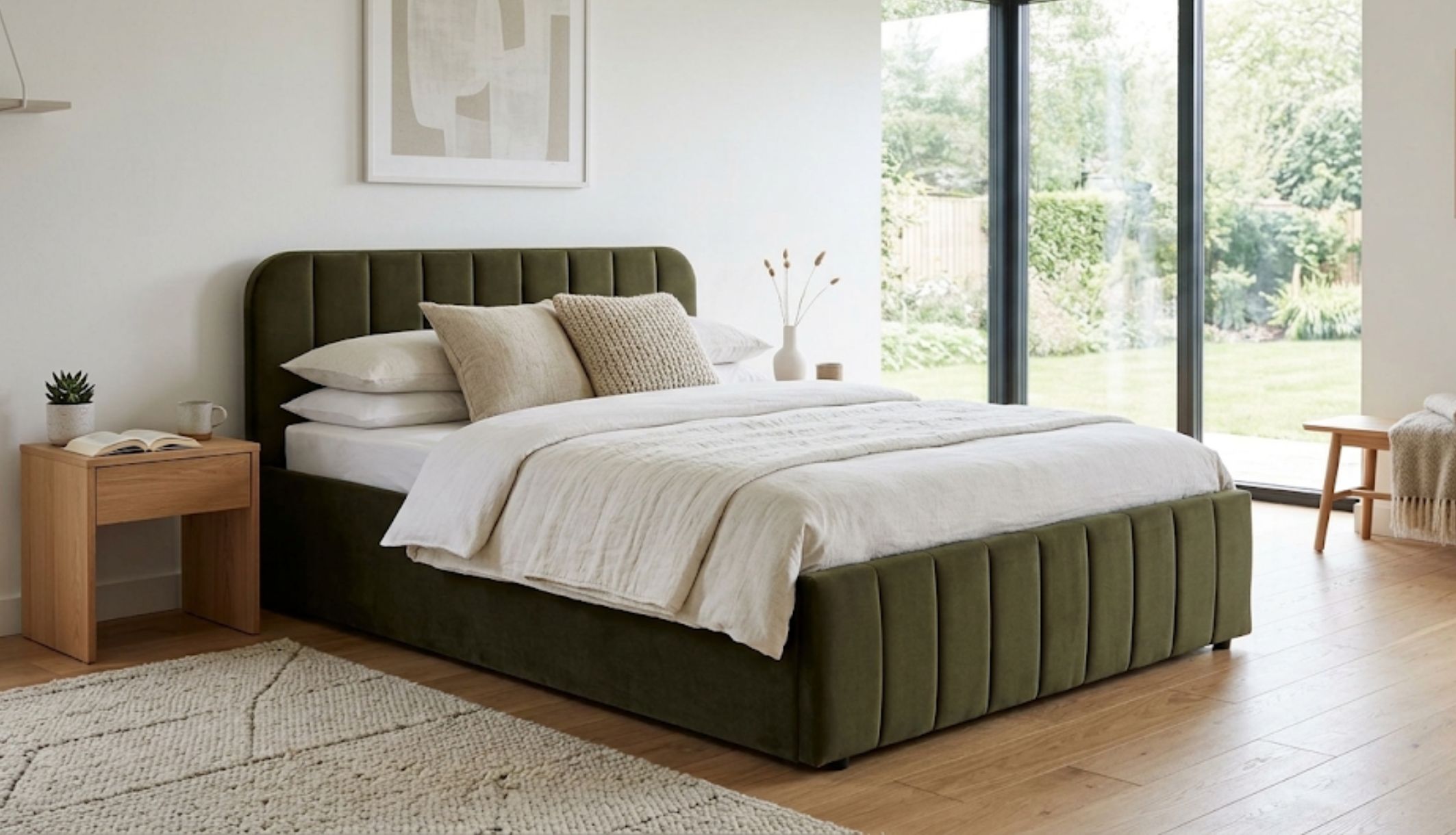 Lit velours avec tête de lit rembourrée dans une chambre moderne et lumineuse