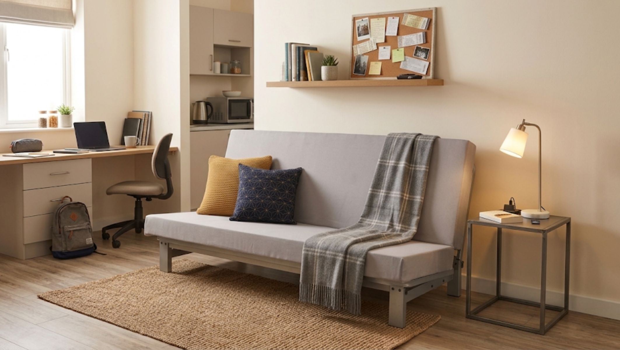 Matelas clic-clac Le Fameux installé sur une structure métallique dans un studio d&#039;étudiant
